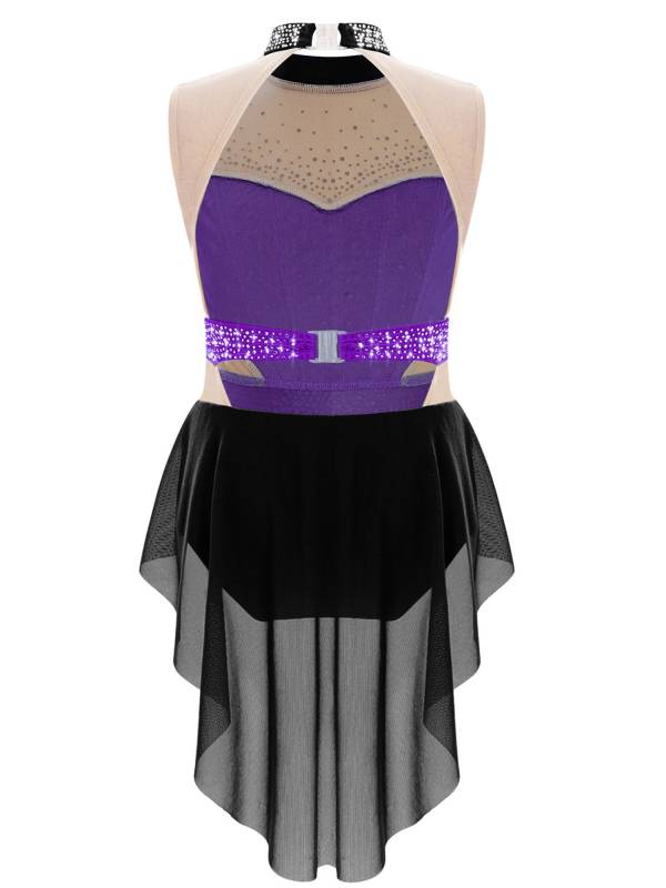 Kids Girls Mock Neck Sleeveless Rhinestones Skirted Leotard for Lyrical Dance thumb