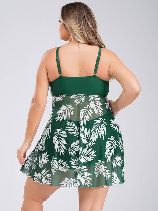 Women 2pcs Plus Size Swimsuit Tropical Print Swim Dress with Shorts Swimming Set thumb