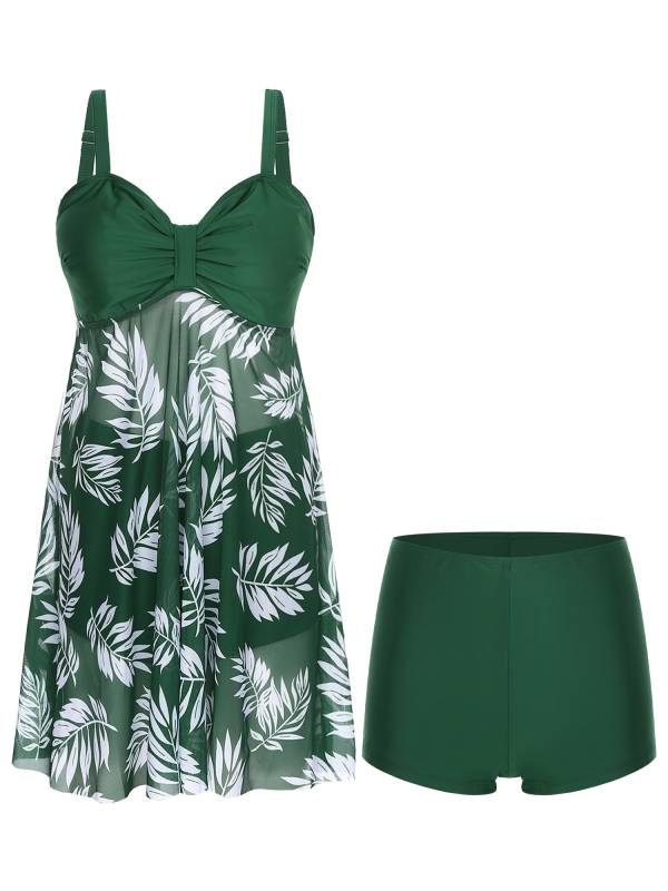 Women 2pcs Plus Size Swimsuit Tropical Print Swim Dress with Shorts Swimming Set thumb