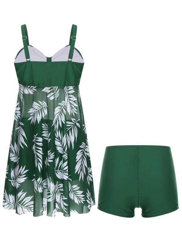 Women 2pcs Plus Size Swimsuit Tropical Print Swim Dress with Shorts Swimming Set thumb