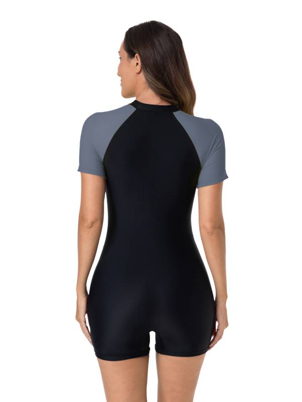 Women One Piece Swimsuit Short Sleeves Color Block Swim Romper Rash Guard thumb