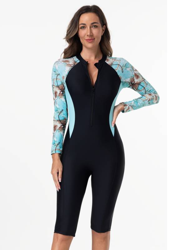 Women Long Sleeves Flroal Zipper One Piece Swimsuit Rash Guards thumb