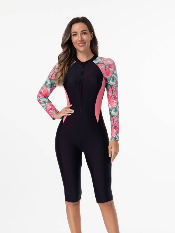 Women Long Sleeves Flroal Zipper One Piece Swimsuit Rash Guards thumb