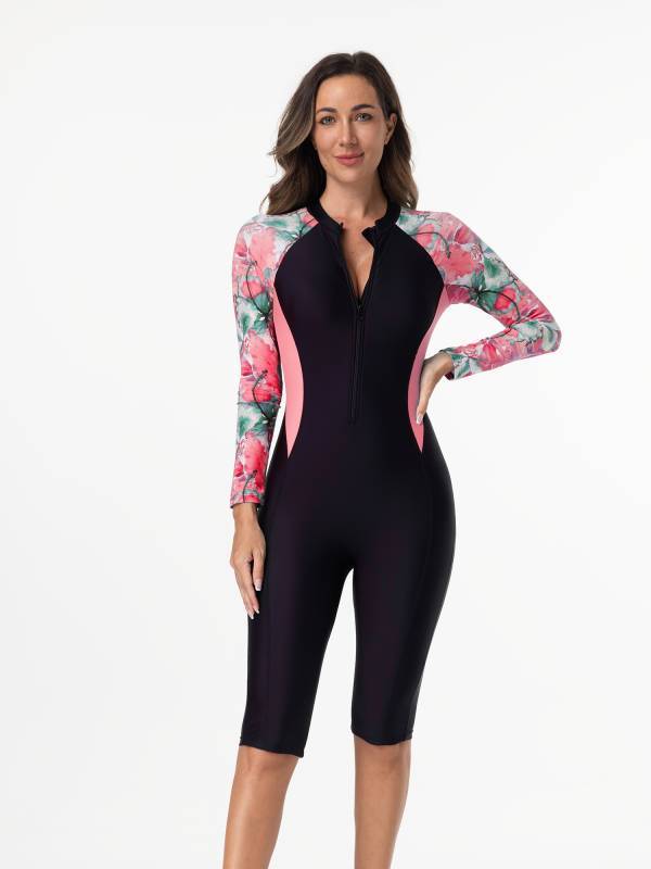 Women Long Sleeves Flroal Zipper One Piece Swimsuit Rash Guards thumb