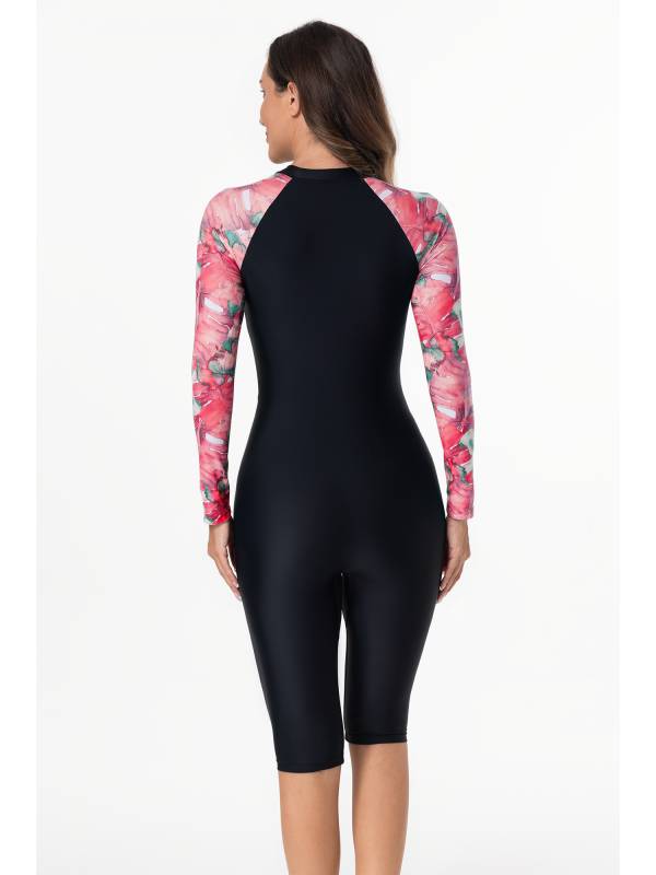 Women Long Sleeves Flroal Zipper One Piece Swimsuit Rash Guards thumb