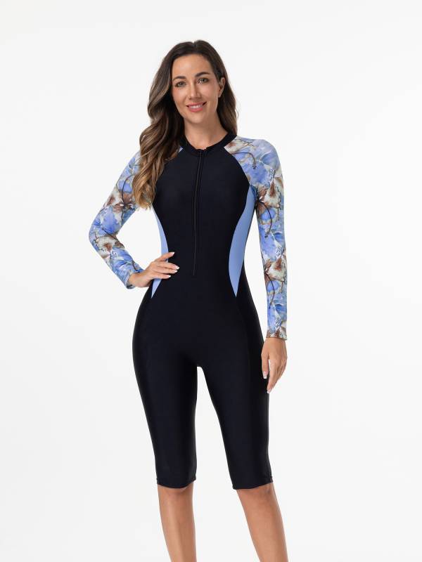 Women Long Sleeves Flroal Zipper One Piece Swimsuit Rash Guards thumb