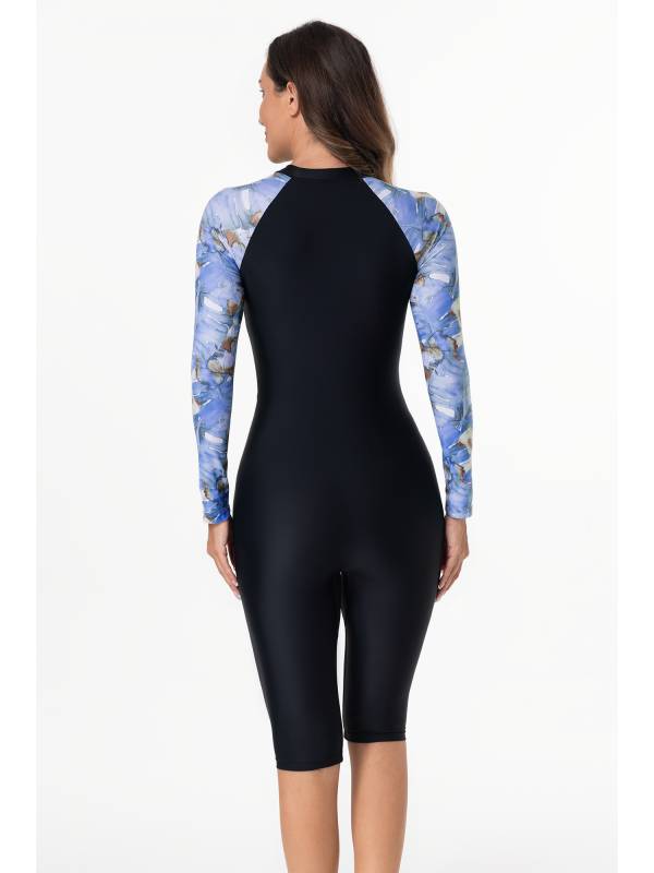Women Long Sleeves Flroal Zipper One Piece Swimsuit Rash Guards thumb
