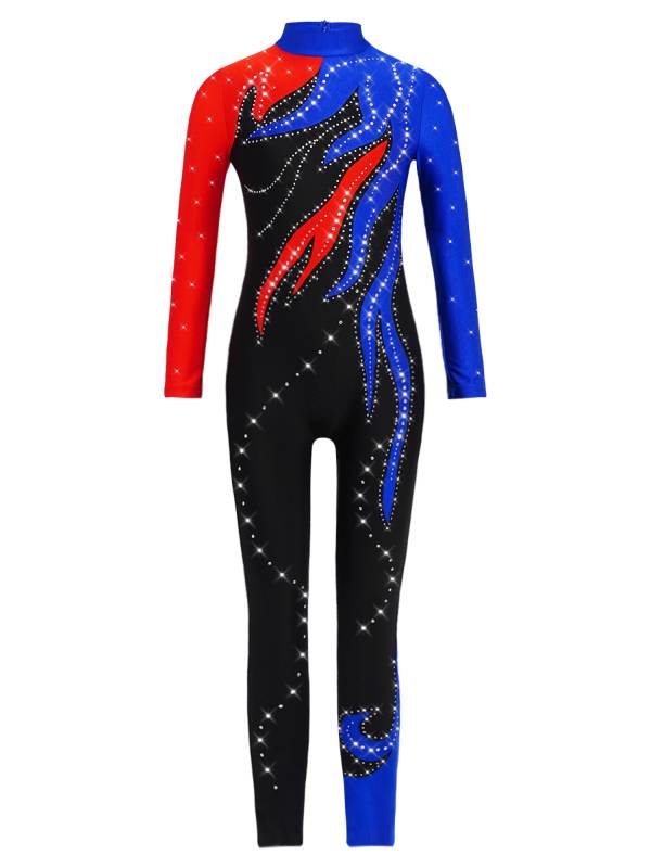 Girls Color Block Gymnastics Full Body Leotard Sparkly Figure Skating Unitard thumb