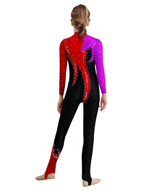 Girls Color Block Gymnastics Full Body Leotard Sparkly Figure Skating Unitard thumb