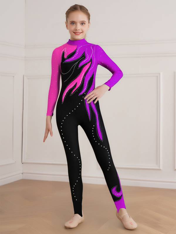 Girls Color Block Gymnastics Full Body Leotard Sparkly Figure Skating Unitard thumb