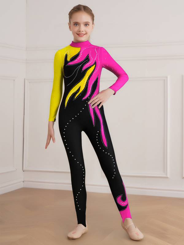 Girls Color Block Gymnastics Full Body Leotard Sparkly Figure Skating Unitard thumb