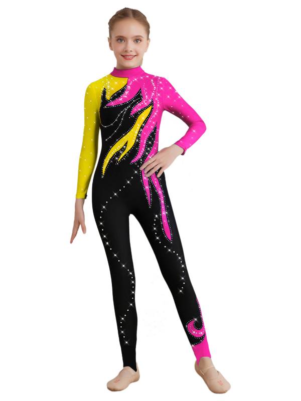 Girls Color Block Gymnastics Full Body Leotard Sparkly Figure Skating Unitard thumb