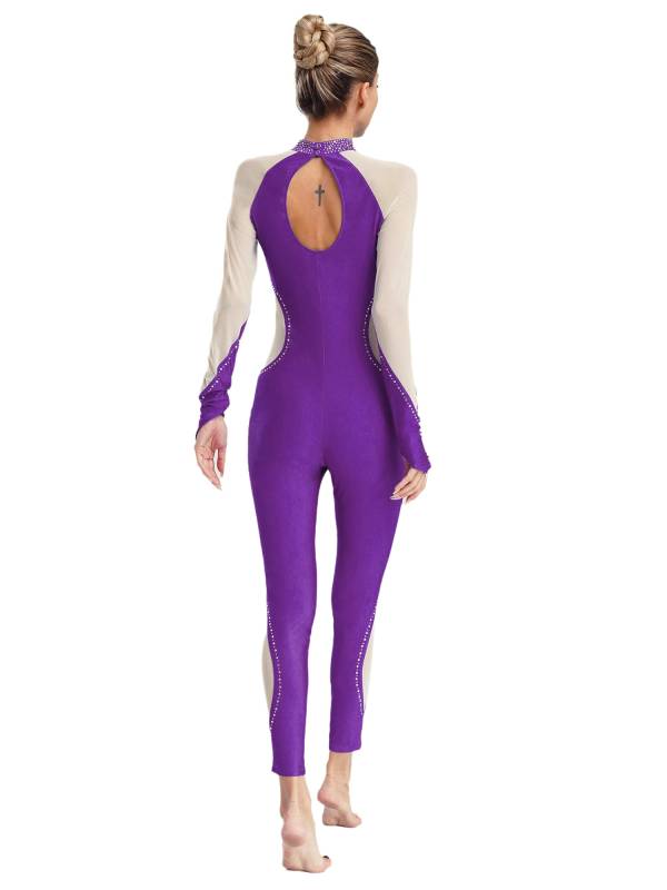 Women Dance Jumpsuit Mock Neck Lon Finger Holes Keyhole Back Full Body Leotard thumb