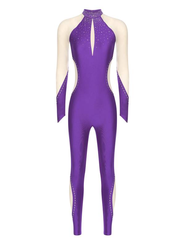 Women Dance Jumpsuit Mock Neck Lon Finger Holes Keyhole Back Full Body Leotard thumb