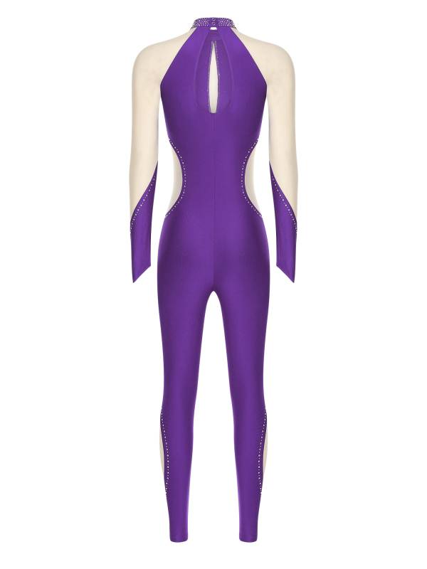 Women Dance Jumpsuit Mock Neck Lon Finger Holes Keyhole Back Full Body Leotard thumb