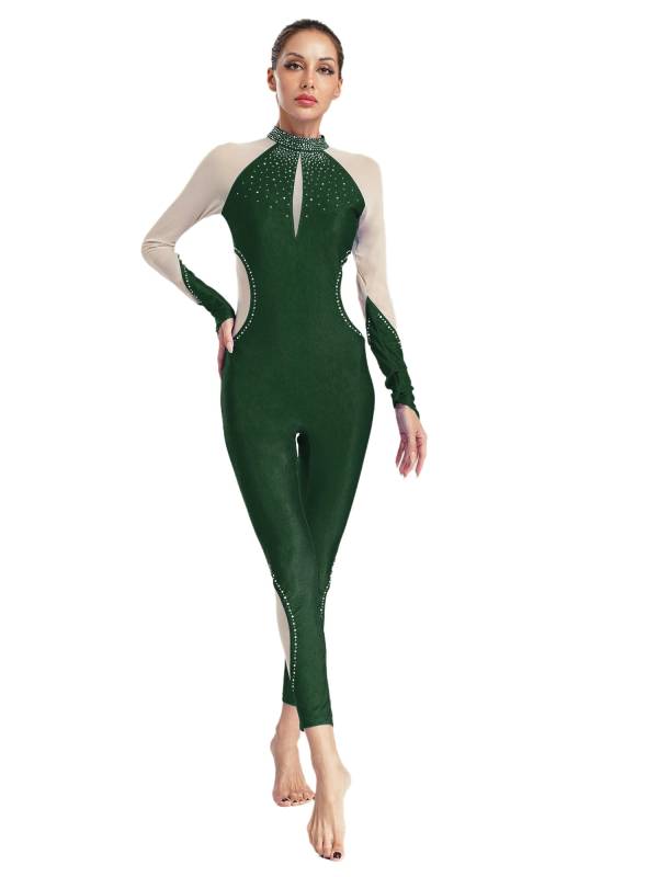 Women Dance Jumpsuit Mock Neck Lon Finger Holes Keyhole Back Full Body Leotard thumb