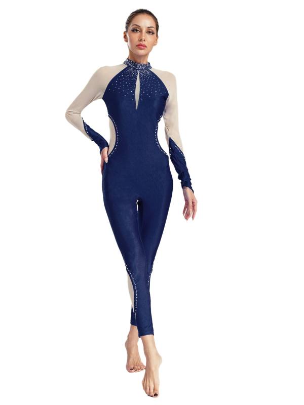 Women Dance Jumpsuit Mock Neck Lon Finger Holes Keyhole Back Full Body Leotard thumb