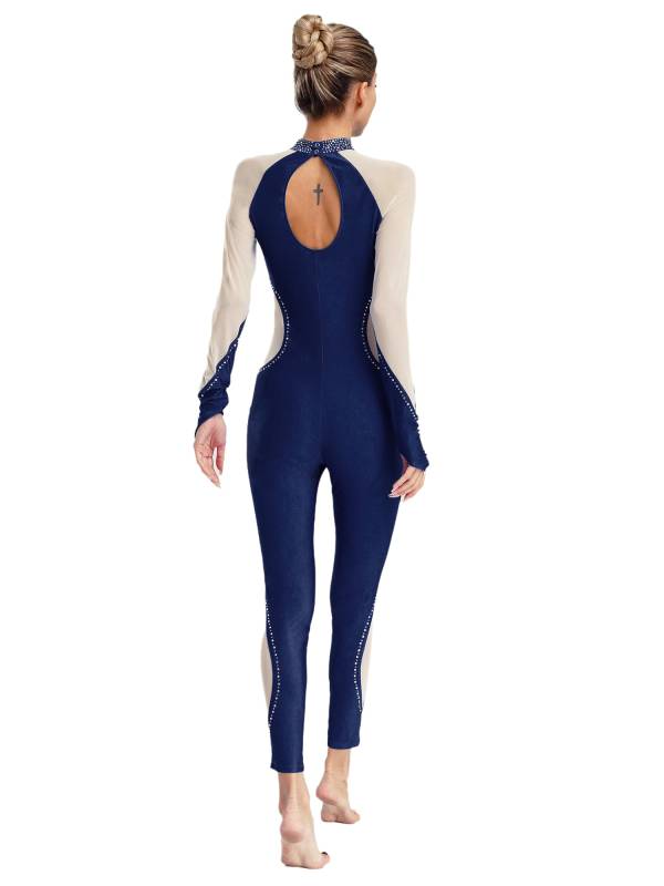 Women Dance Jumpsuit Mock Neck Lon Finger Holes Keyhole Back Full Body Leotard thumb