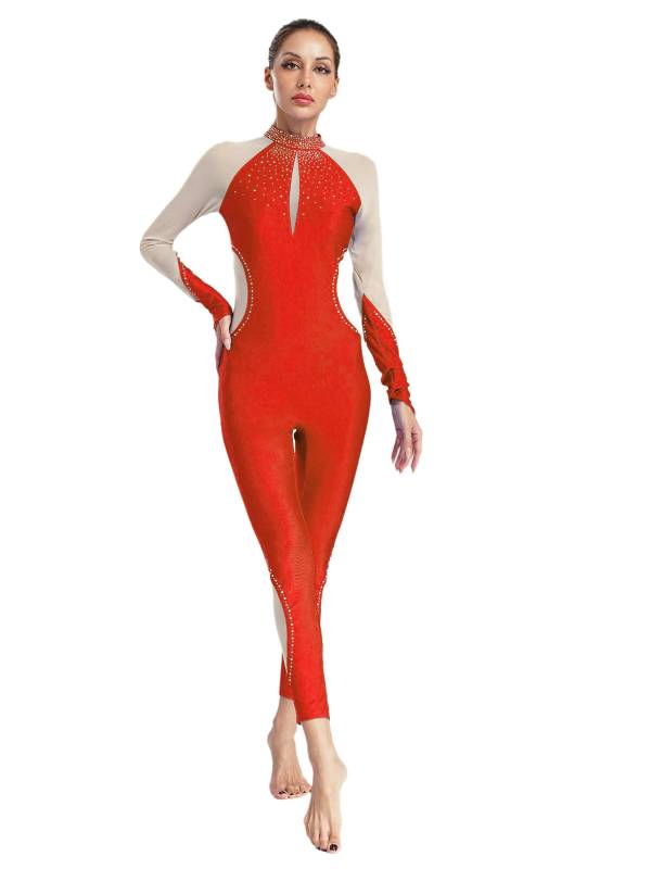 Women Dance Jumpsuit Mock Neck Lon Finger Holes Keyhole Back Full Body Leotard thumb