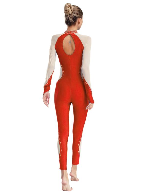 Women Dance Jumpsuit Mock Neck Lon Finger Holes Keyhole Back Full Body Leotard thumb