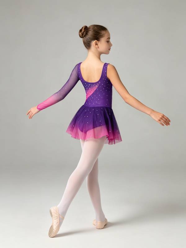 Girls Figure ice Skating Dress One Long Sleeve Asymmetrical Lyrical Dance Dress thumb