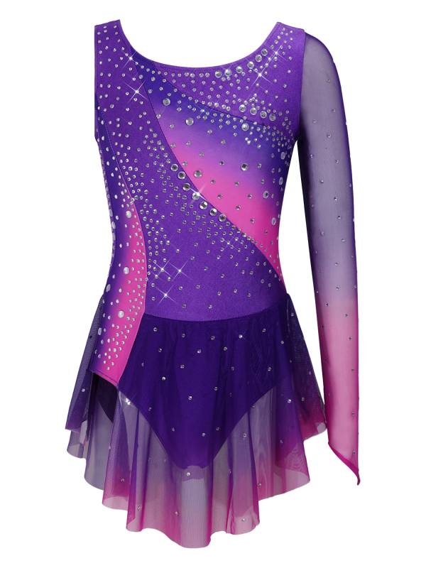Girls Figure ice Skating Dress One Long Sleeve Asymmetrical Lyrical Dance Dress thumb