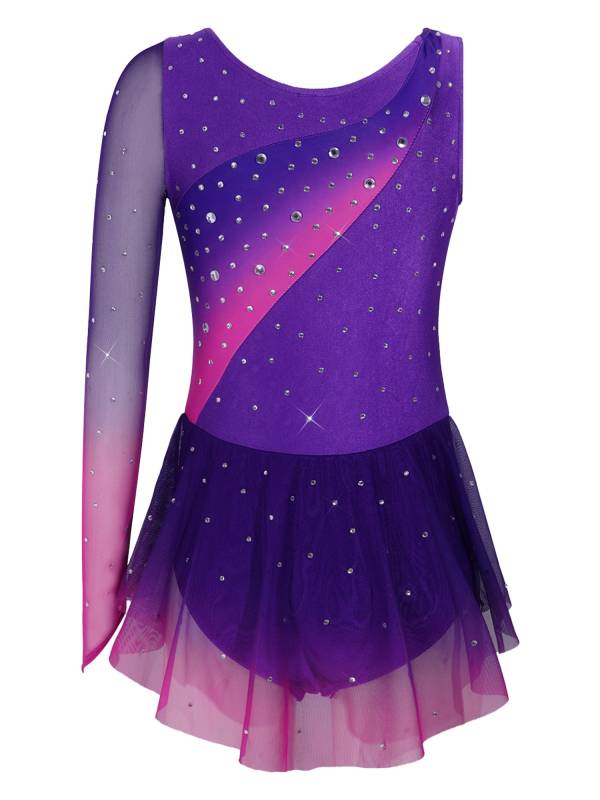 Girls Figure ice Skating Dress One Long Sleeve Asymmetrical Lyrical Dance Dress thumb