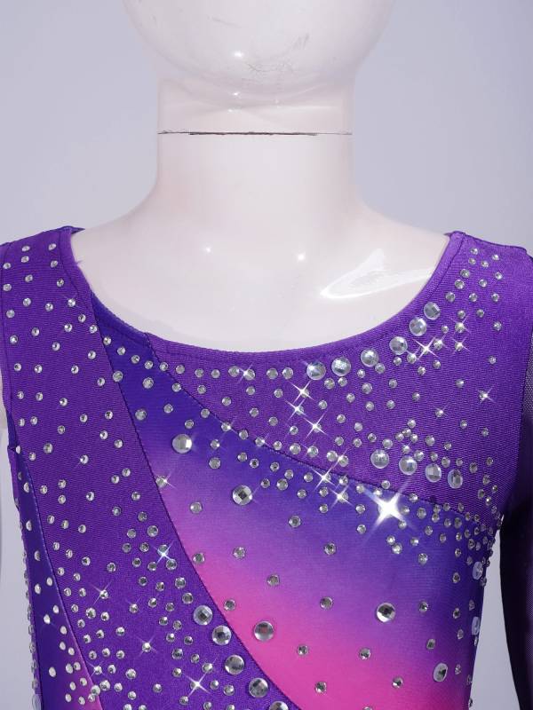Girls Figure ice Skating Dress One Long Sleeve Asymmetrical Lyrical Dance Dress thumb