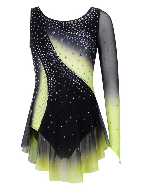 Girls Figure ice Skating Dress One Long Sleeve Asymmetrical Lyrical Dance Dress thumb