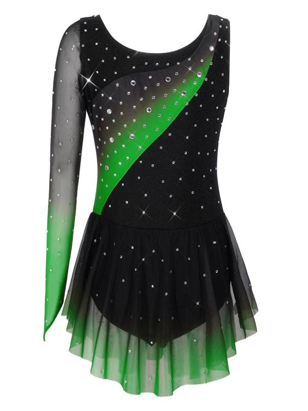 Girls Figure ice Skating Dress One Long Sleeve Asymmetrical Lyrical Dance Dress thumb