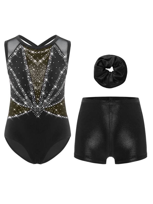 3Pcs Girls Gymnastics Leotard Set Rhinestone Bodysuit Performance Costume thumb