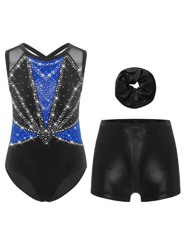 3Pcs Girls Gymnastics Leotard Set Rhinestone Bodysuit Performance Costume thumb
