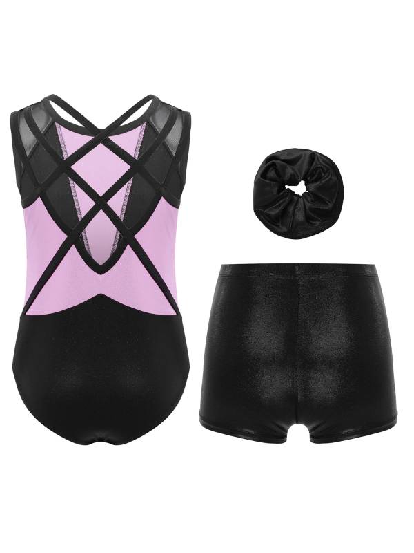 3Pcs Girls Gymnastics Leotard Set Rhinestone Bodysuit Performance Costume thumb