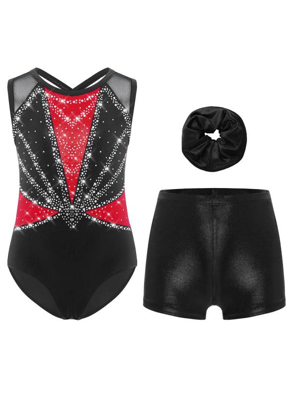 3Pcs Girls Gymnastics Leotard Set Rhinestone Bodysuit Performance Costume thumb