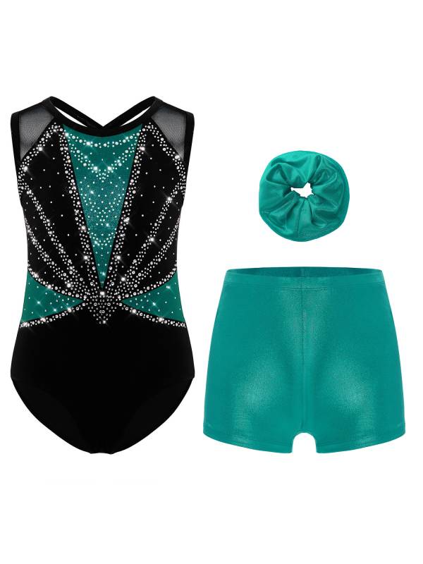 3Pcs Girls Gymnastics Leotard Set Rhinestone Bodysuit Performance Costume thumb
