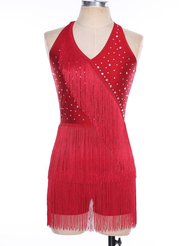 Women Sleeveless V Neck Tassels Latin Dance Dress Jazz Ballroom Leotard thumb