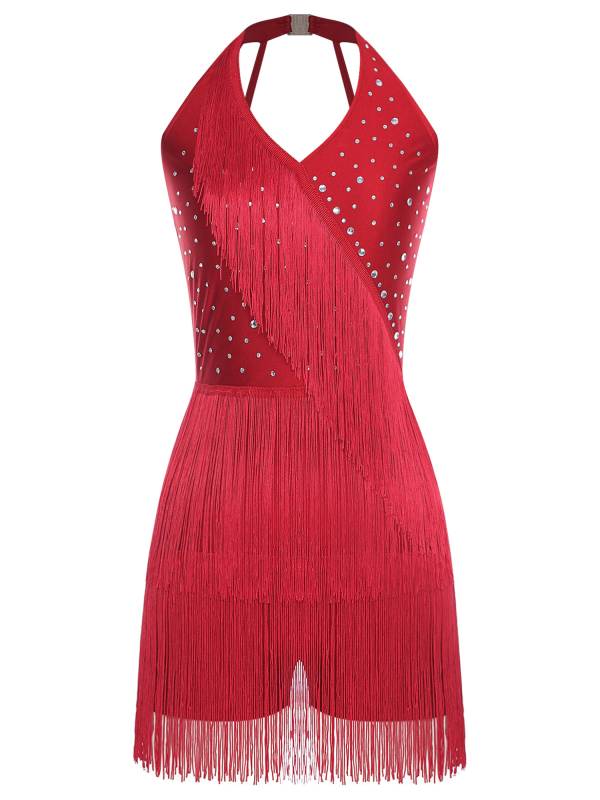 Women Sleeveless V Neck Tassels Latin Dance Dress Jazz Ballroom Leotard thumb