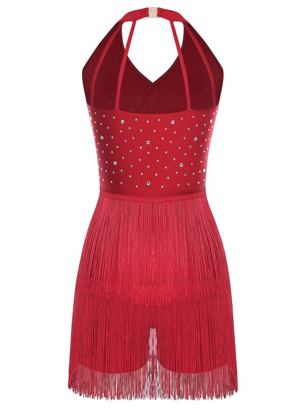Women Sleeveless V Neck Tassels Latin Dance Dress Jazz Ballroom Leotard thumb