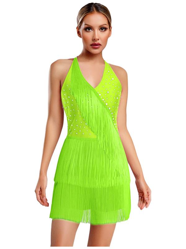 Women Sleeveless V Neck Tassels Latin Dance Dress Jazz Ballroom Leotard thumb
