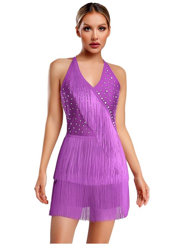 Women Sleeveless V Neck Tassels Latin Dance Dress Jazz Ballroom Leotard thumb