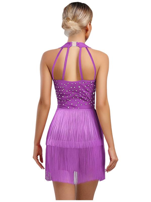 Women Sleeveless V Neck Tassels Latin Dance Dress Jazz Ballroom Leotard thumb
