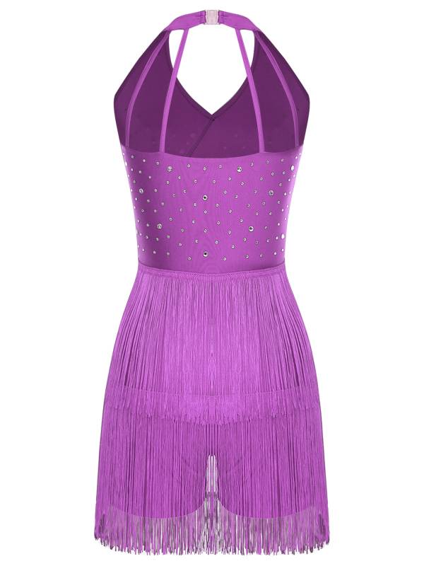 Women Sleeveless V Neck Tassels Latin Dance Dress Jazz Ballroom Leotard thumb