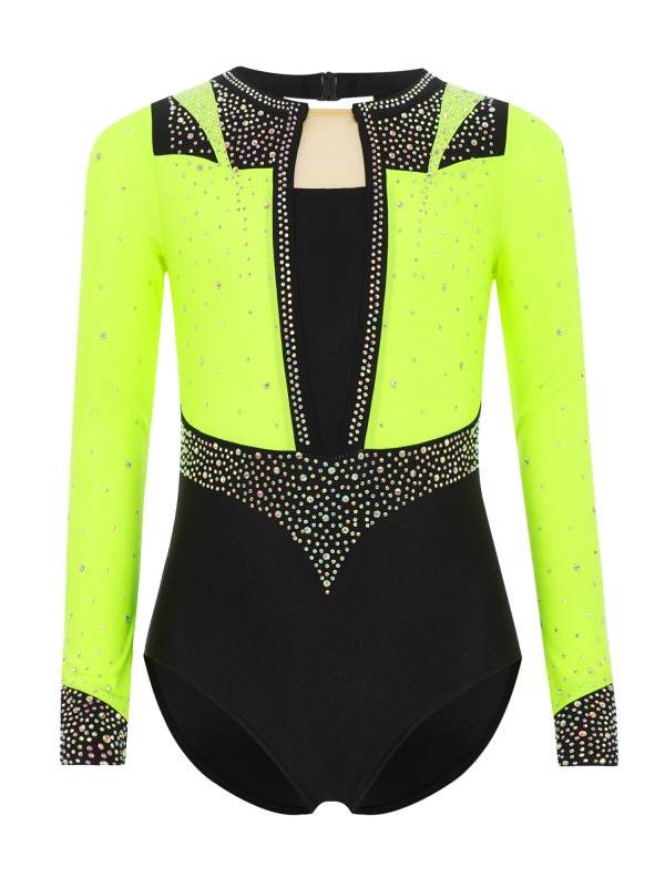 Girls Long Sleeve Gymnastics Leotard Rhinestone Color Block Ice Skating Bodysuit thumb