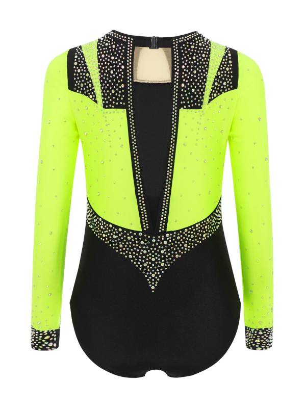 Girls Long Sleeve Gymnastics Leotard Rhinestone Color Block Ice Skating Bodysuit thumb