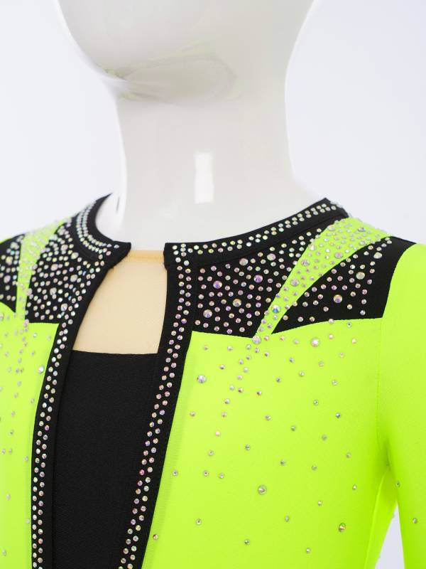 Girls Long Sleeve Gymnastics Leotard Rhinestone Color Block Ice Skating Bodysuit thumb