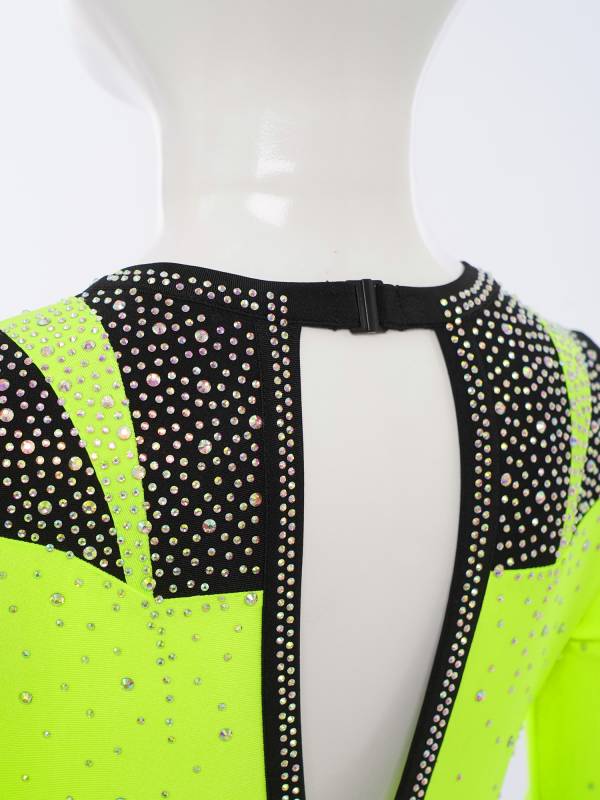 Girls Long Sleeve Gymnastics Leotard Rhinestone Color Block Ice Skating Bodysuit thumb