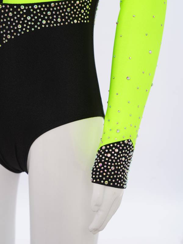 Girls Long Sleeve Gymnastics Leotard Rhinestone Color Block Ice Skating Bodysuit thumb