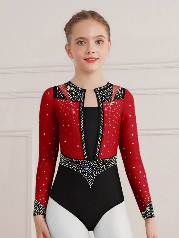 Girls Long Sleeve Gymnastics Leotard Rhinestone Color Block Ice Skating Bodysuit thumb