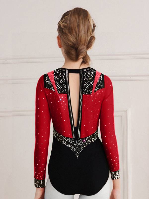 Girls Long Sleeve Gymnastics Leotard Rhinestone Color Block Ice Skating Bodysuit thumb