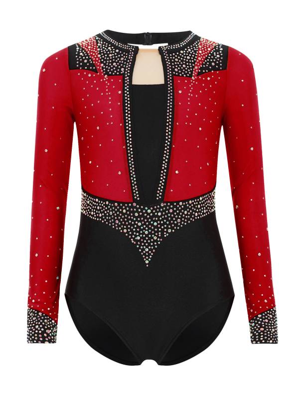 Girls Long Sleeve Gymnastics Leotard Rhinestone Color Block Ice Skating Bodysuit thumb